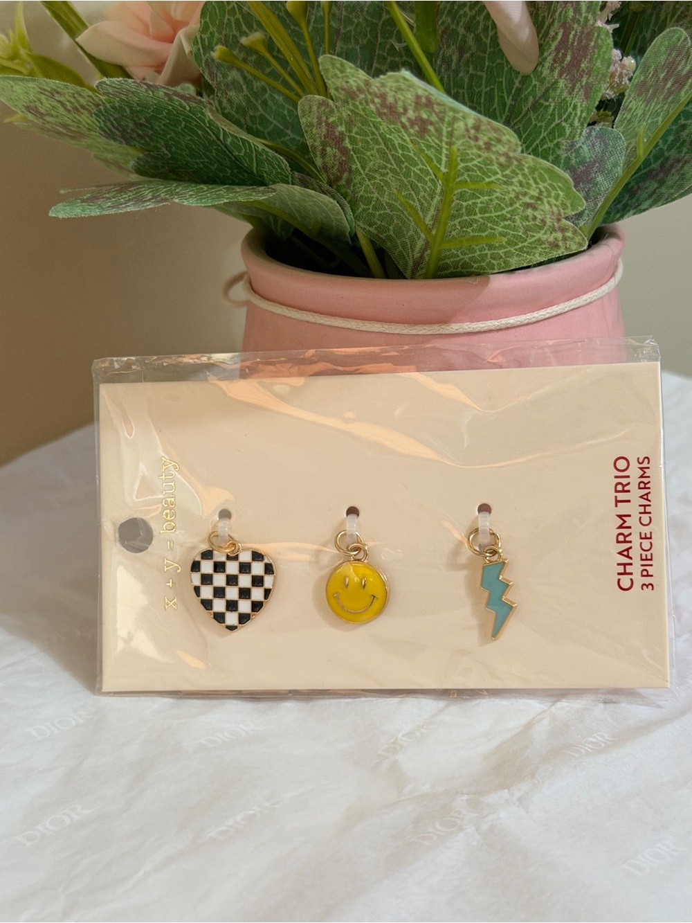 Beauty Charm Trio - Checkered Heart, Yellow Smile, Blue Lightning